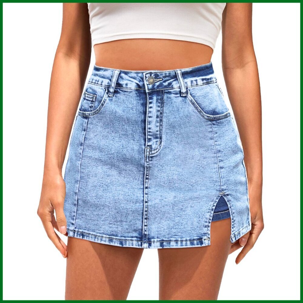 High Waisted Denim Skort with Slit Stretchy Skirt Shorts